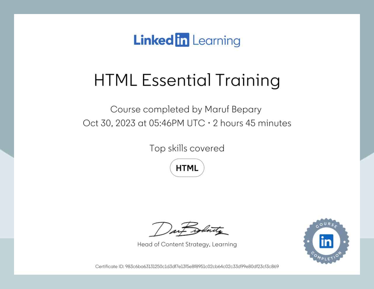 HTML Essential Training certificate image