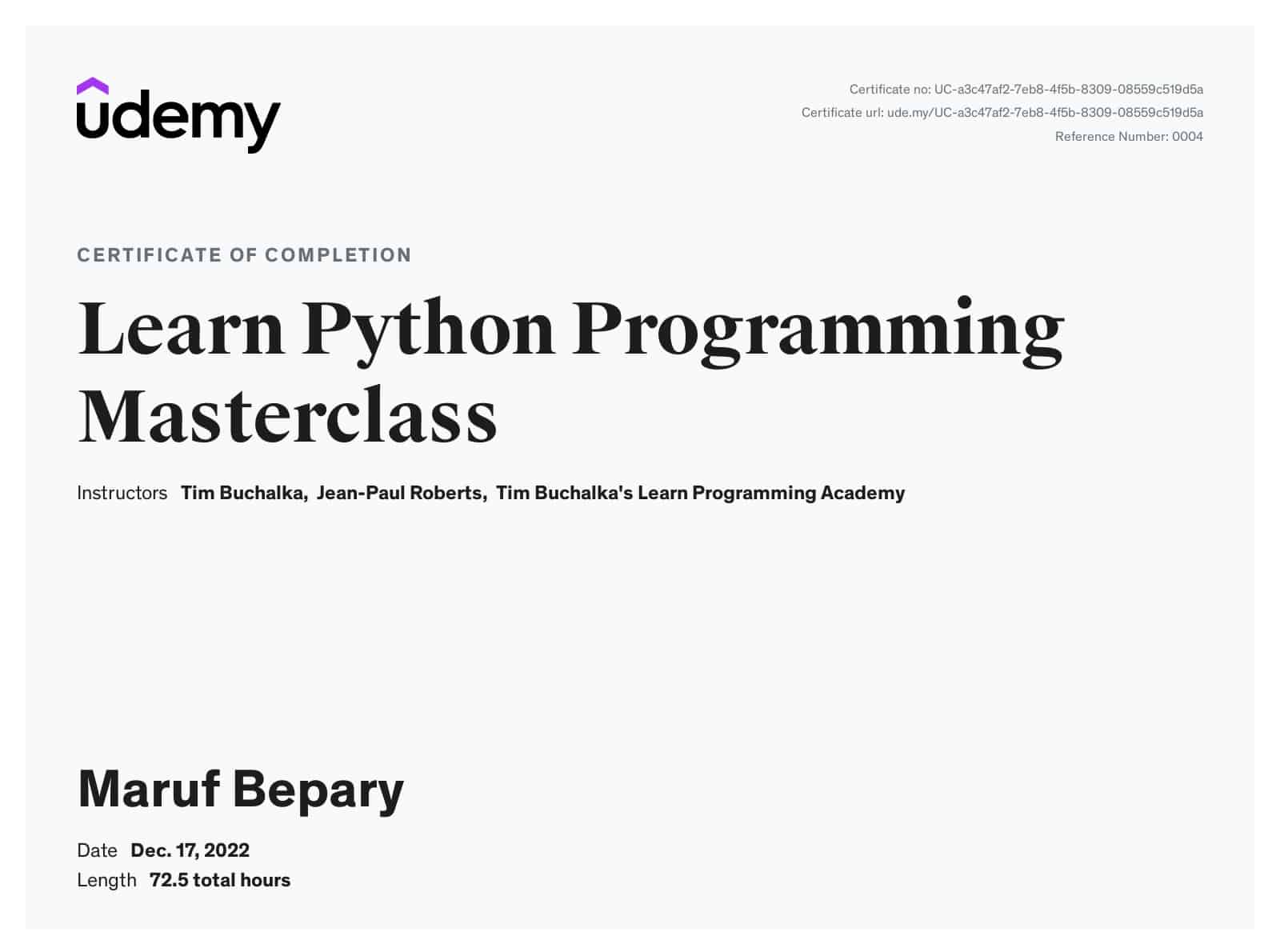 Python Programming Masterclass certificate image