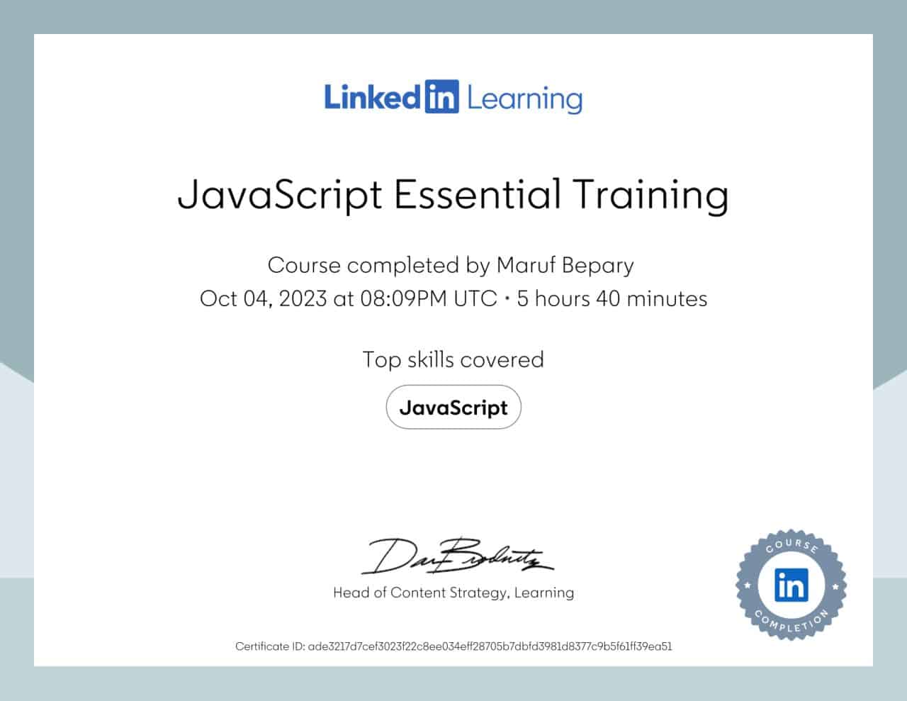 JavaScript Essential Training certificate image